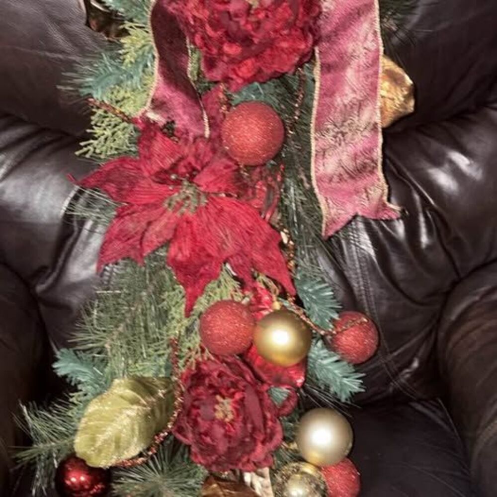 Christmas Teardrop Swag with Red Poinsettias and Gold Ornaments
